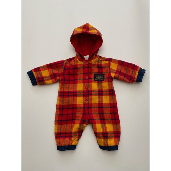 Vintage Baby Guess Plaid Wool Snap Legs One Piece Hooded Size 3M Dry Cleaned